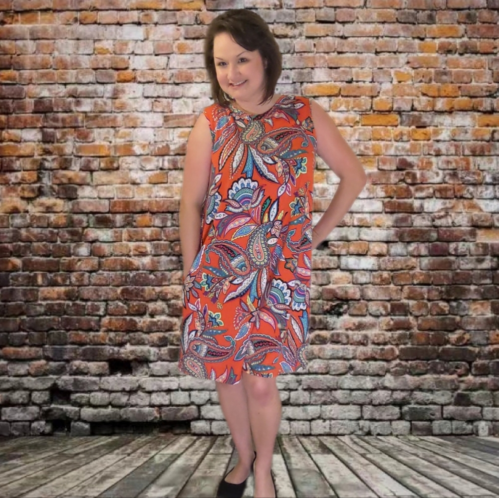 Apt 9 Paisley Dress Orange Coral Aqua Stretchy Pockets Loose Fit Casual D5 - Picture 10 of 13